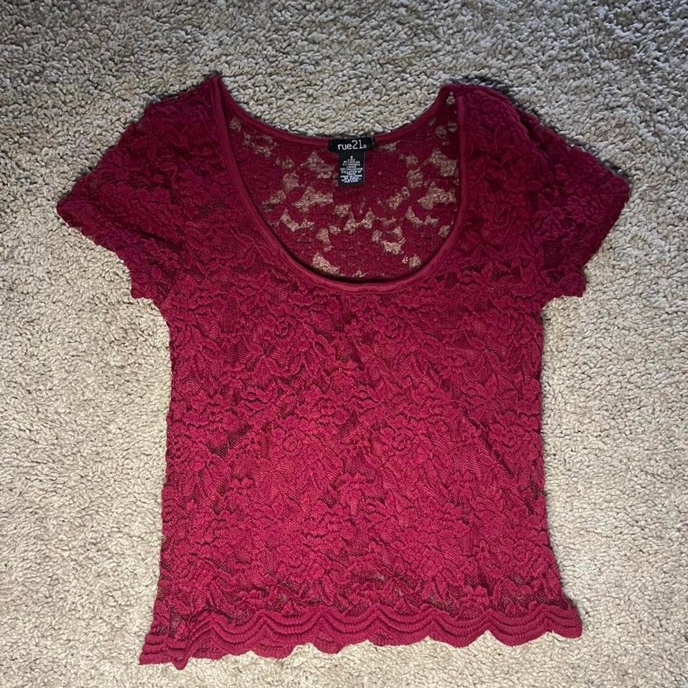 Burgundy Red Lace Baby Tee Romantic Goth Coquette Y2K Fairycore Floral Size S